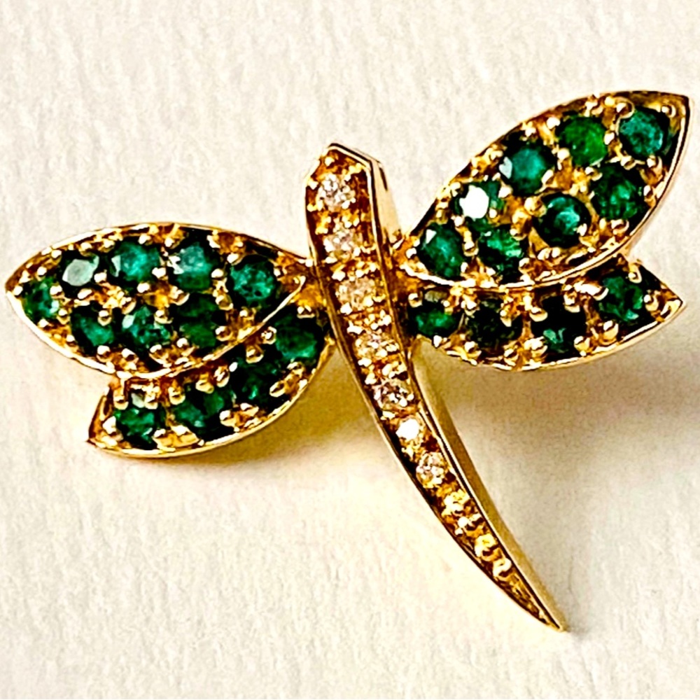 EFFY 14k Yellow Gold Emerald & Diamonds Dragonfly Brooch Pin RARE